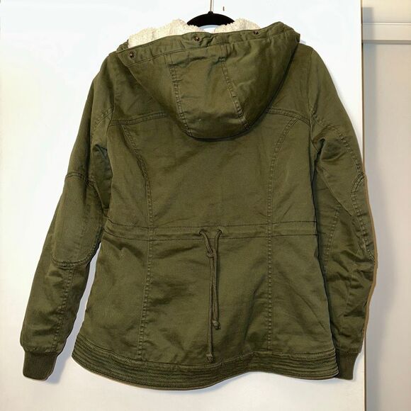 Hollister Y2K Medium Olive Green Sherpa Lined Hooded Coat Gently Worn - Picture 3 of 11
